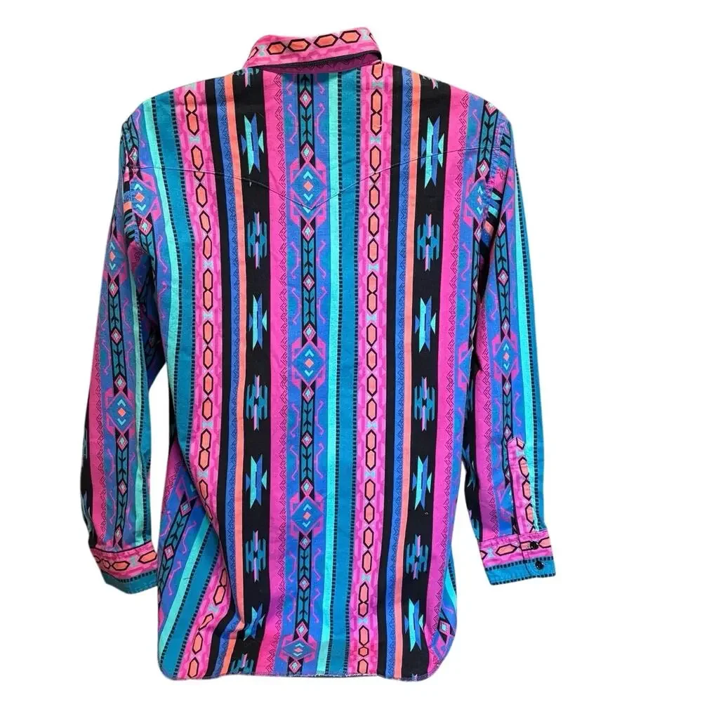 Vintage 90s Wrangler 16 1/2 x 34 Button Down Shirt Aztec Stripe Cowboy Cut USA - Picture 2 of 5
